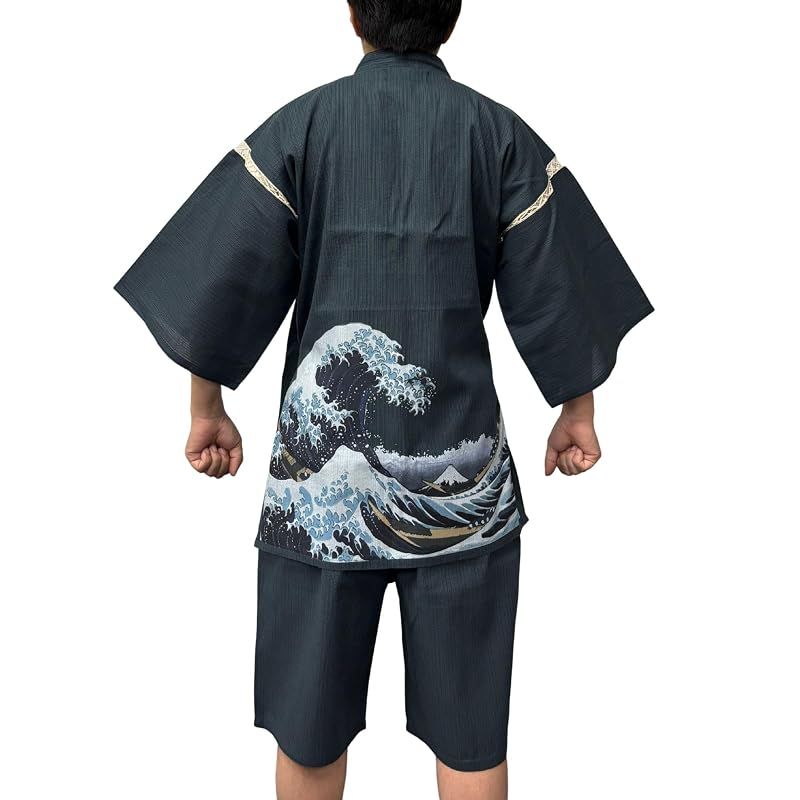 【新品】 [江戸てん] 甚平 メンズ 浮世絵柄プリント 名画モチーフ 綿100％ しじら織り 涼しい 和柄 上下セット【浮世彩画】 腰に波（神奈川沖浪裏デザイン） カラー 紺 M