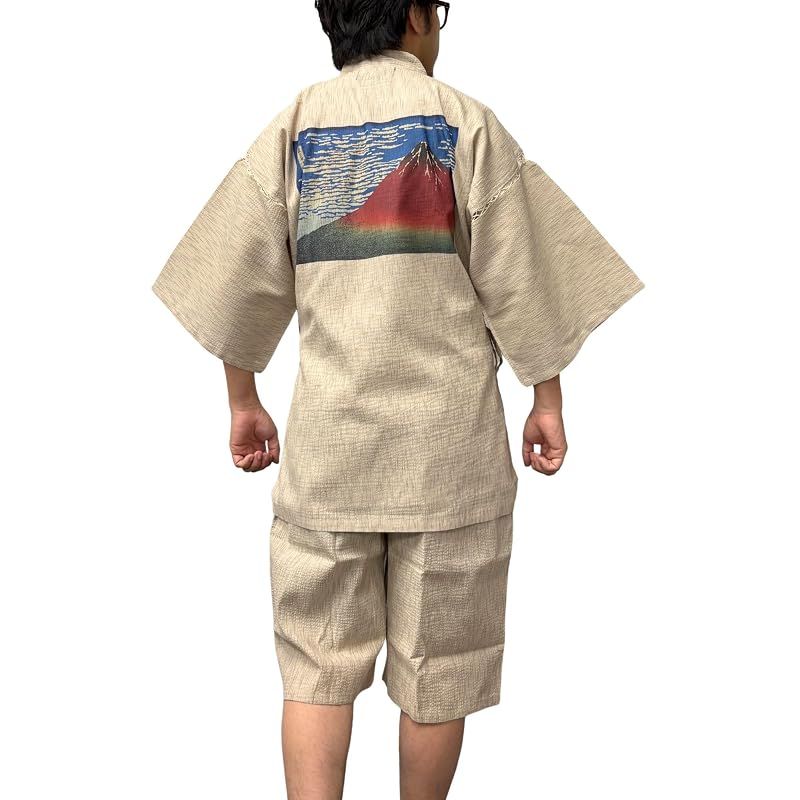 【新品】 [江戸てん] 甚平 メンズ 浮世絵柄プリント 名画モチーフ 綿100％ しじら織り 涼しい 和柄 上下セット【浮世彩画】 赤富士（凱風快晴デザイン） 背中カラー ベージュ LL