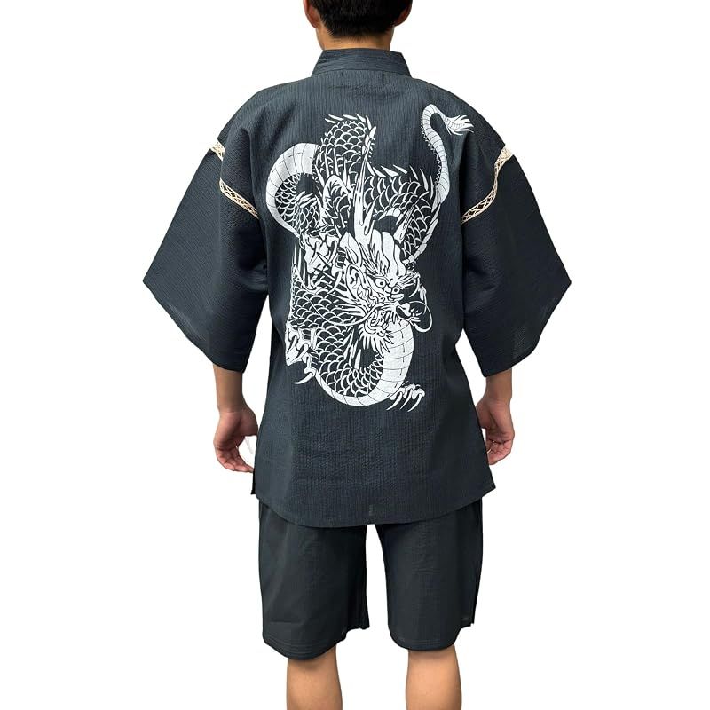 【新品】 [江戸てん] 甚平 しじら織り 夏用 メンズ 綿100％ 和柄 龍 【江戸創龍シリーズ】 大判捺染プリント 涼感 上下セット メンズ にらみ龍 紺 4L