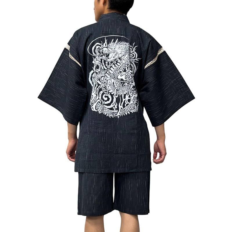 【新品】 [江戸てん] 甚平 しじら織り 夏用 メンズ 綿100％ 和柄 龍 【江戸創龍シリーズ】 大判捺染プリント 涼感 上下セット メンズ 渦龍 黒 5L