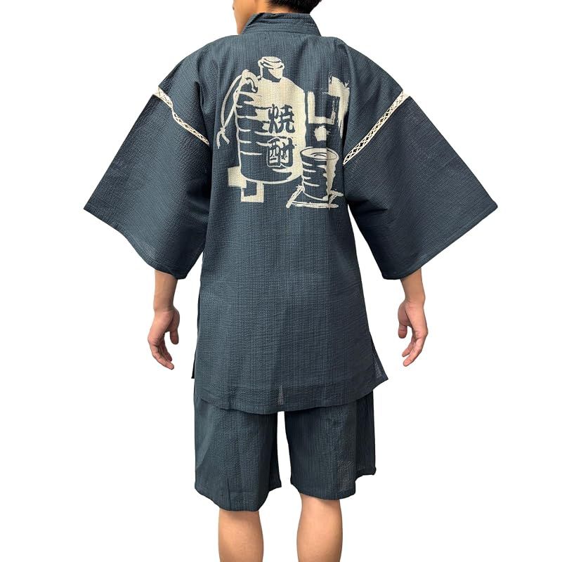 【新品】 [江戸てん] 甚平 しじら織り 涼しい 夏 綿100％ 抜染オリジナル柄 和柄 焼酎 紺 3L