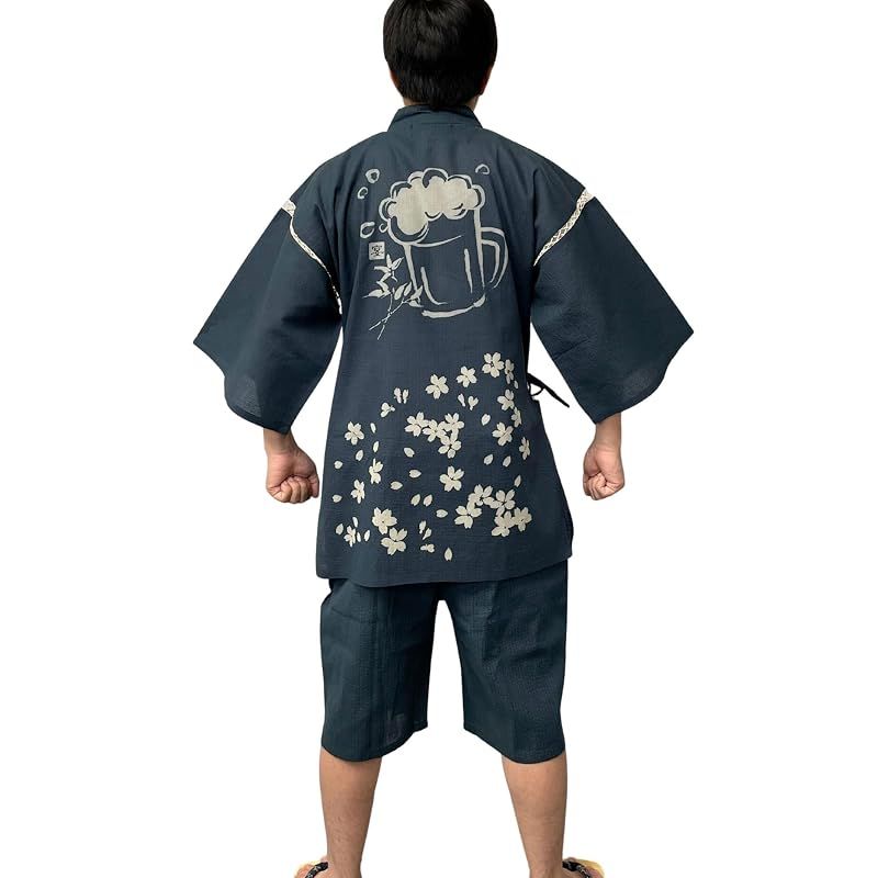 【新品】 [江戸てん] 甚平 しじら織り 涼しい 夏 綿100％ 抜染オリジナル柄 和柄 桜とビール 紺 4L