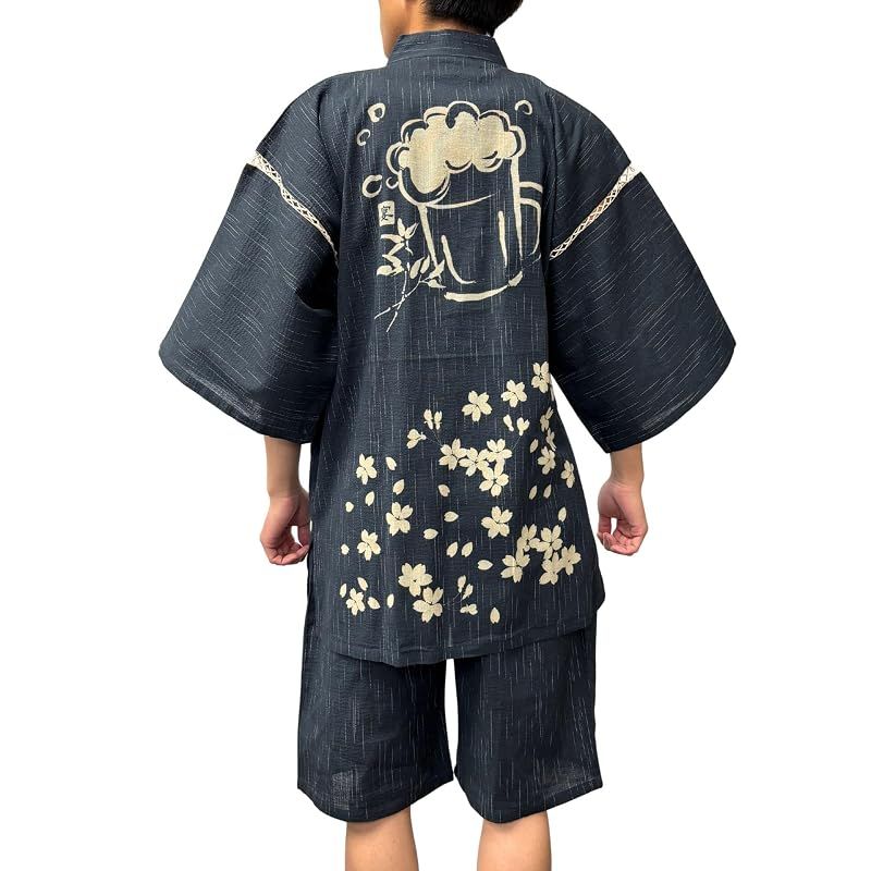 【新品】 [江戸てん] 甚平 しじら織り 涼しい 夏 綿100％ 抜染オリジナル柄 和柄 桜とビール 黒 5L