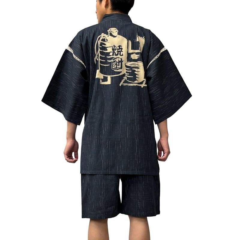 【新品】 [江戸てん] 甚平 しじら織り 涼しい 夏 綿100％ 抜染オリジナル柄 和柄 焼酎 黒 5L