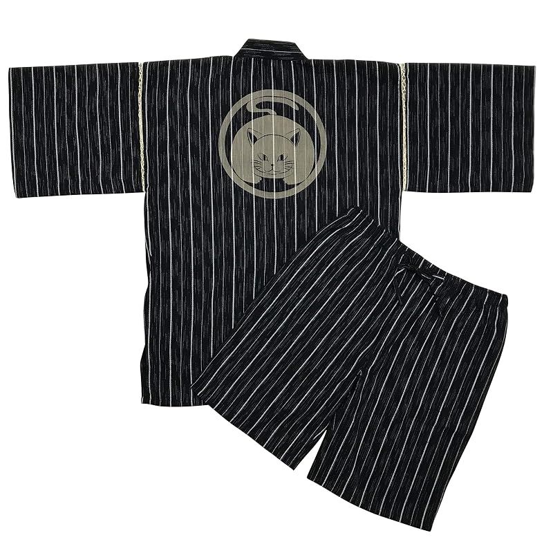 【新品】 [江戸てん] 甚平 しじら織り 涼しい 夏 綿100％ 抜染猫柄 オリジナル柄 メンズ 真向き猫 黒ストライプ M