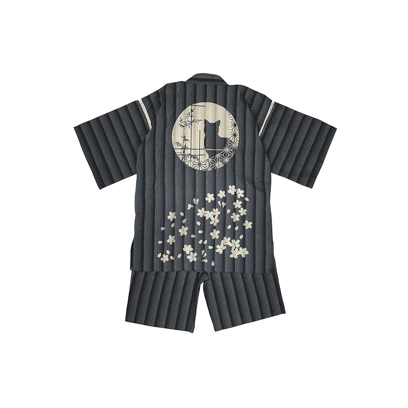 【新品】 [江戸てん] 甚平 しじら織り 涼しい 夏 綿100％ 抜染猫柄 オリジナル柄 メンズ 丸窓の猫と桜 グレーストライプ L