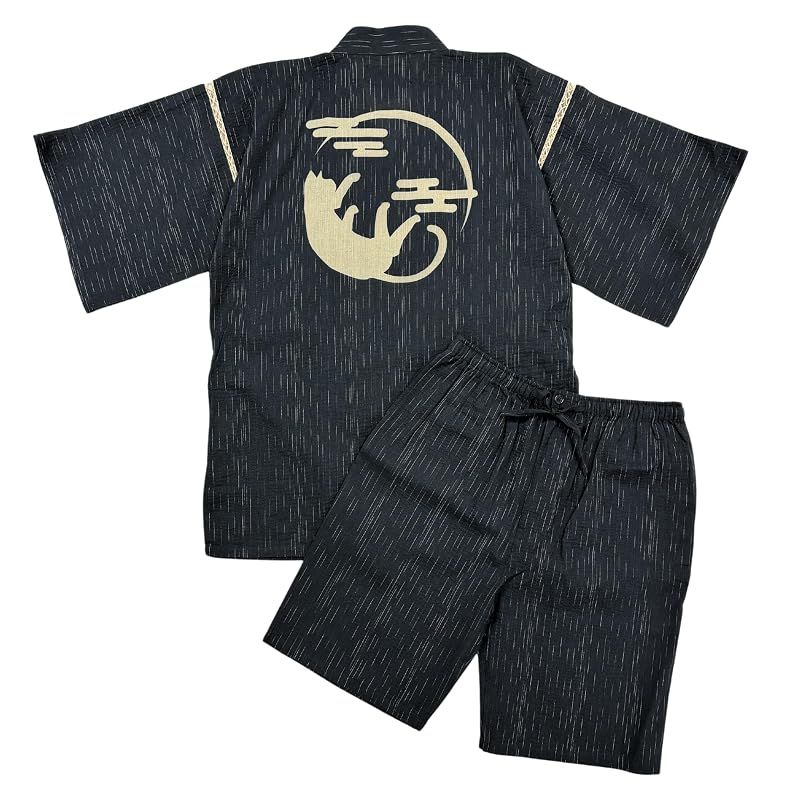 【新品】 [江戸てん] 甚平 しじら織り 涼しい 夏 綿100％ 抜染猫柄 オリジナル柄 メンズ 三日月猫 黒 3L