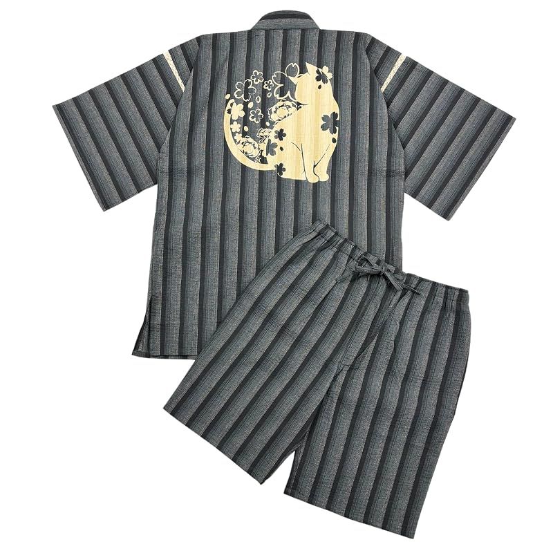 【新品】 [江戸てん] 甚平 しじら織り 涼しい 夏 綿100％ 抜染猫柄 オリジナル柄 メンズ 花猫 グレーストライプ 4L