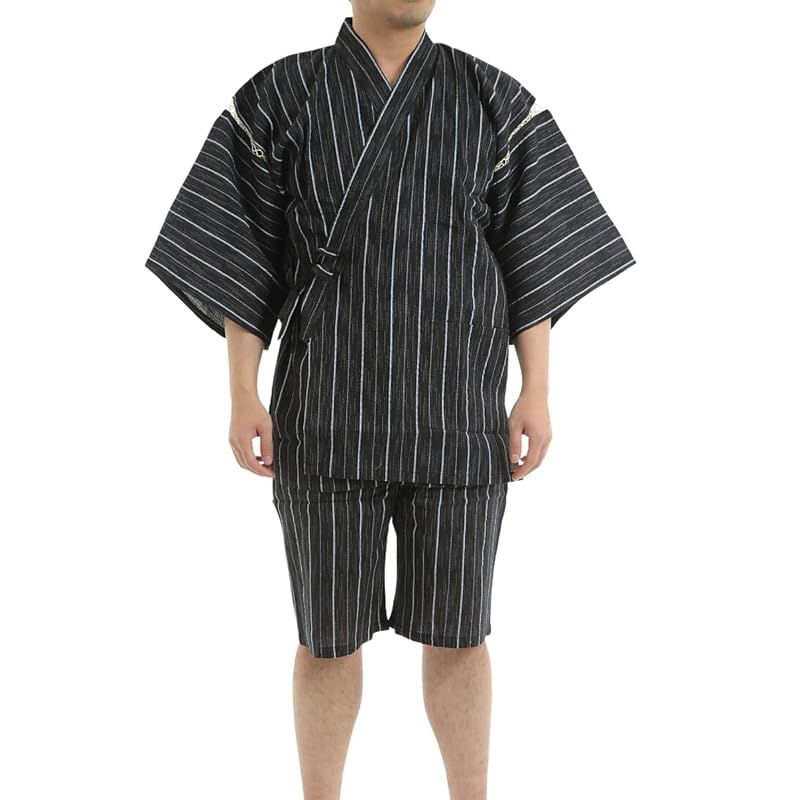 【新品】 [江戸てん] しじら織り甚平 綿100％ 涼しい着心地 和服 夏服 メンズ 大きいサイズ M/L/LL/3L/4L/5L リラックスウェア お祭り 父の日 黒ストライプ701 4L