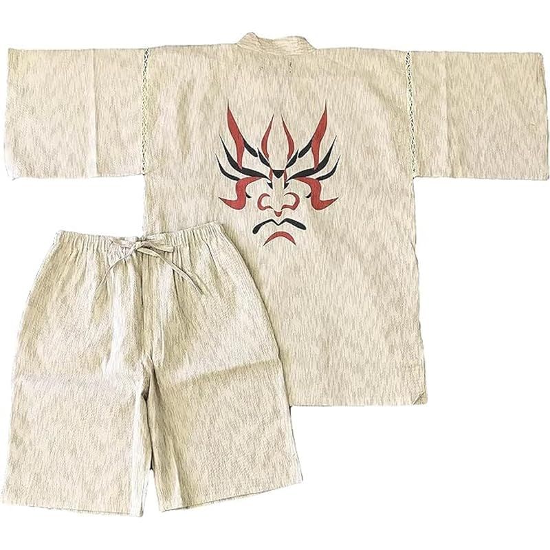 【新品】 [江戸てん] 甚平 しじら織 プリント和柄 和麗・和文化デザイン【幽玄和柄】 上下セット メンズ 夏用甚平 綿100％ 涼しい 和柄 隈取 くまどり ベージュ M