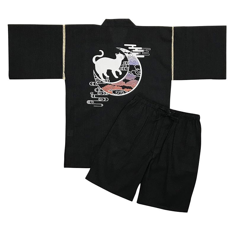 【新品】 [江戸てん] 甚平 綿100％ しじら織り 涼しい メンズ 大判捺染プリント 猫と月モチーフ 【猫月夜シリーズ】 メンズ 猫と月雲 グレー LL