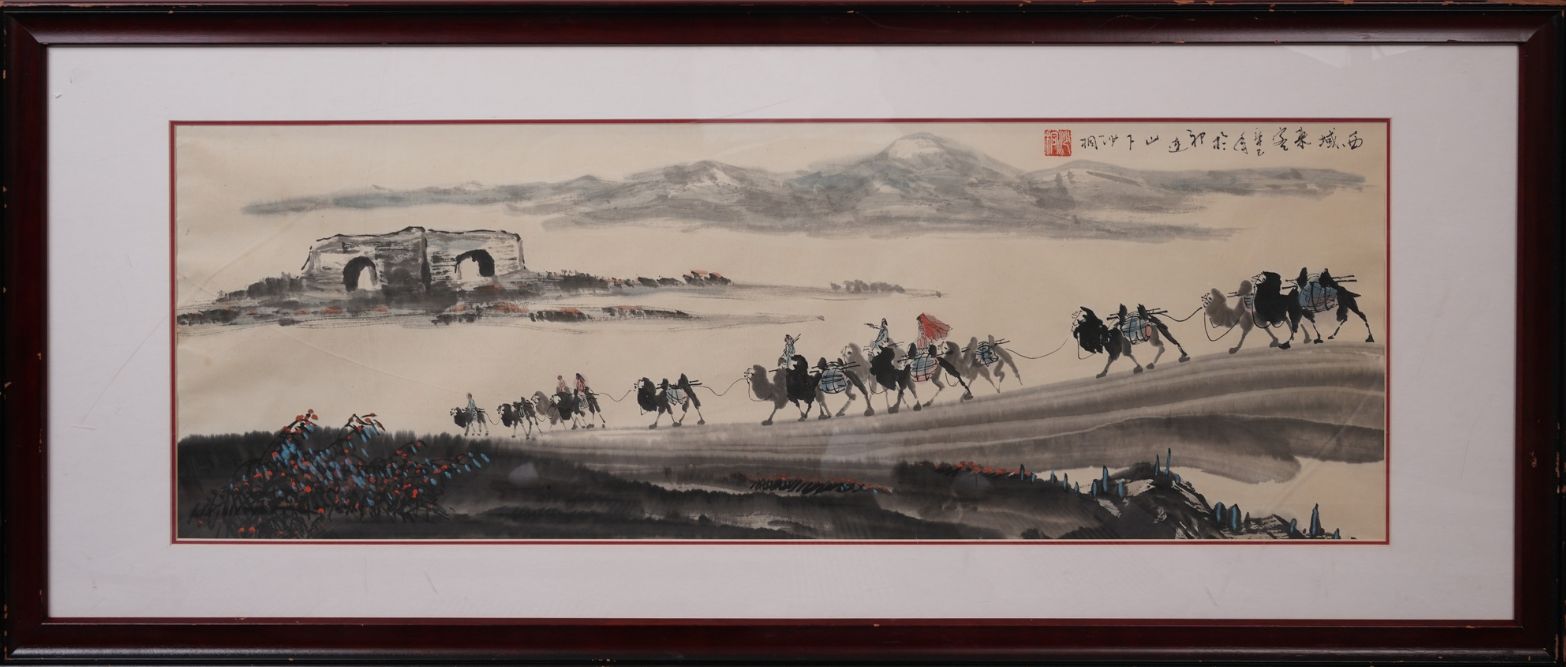 沙桐『人物故事図』中国絵画 設色紙本 額装 扁額 絲綢之路 駱駝図 中国美術 骨董