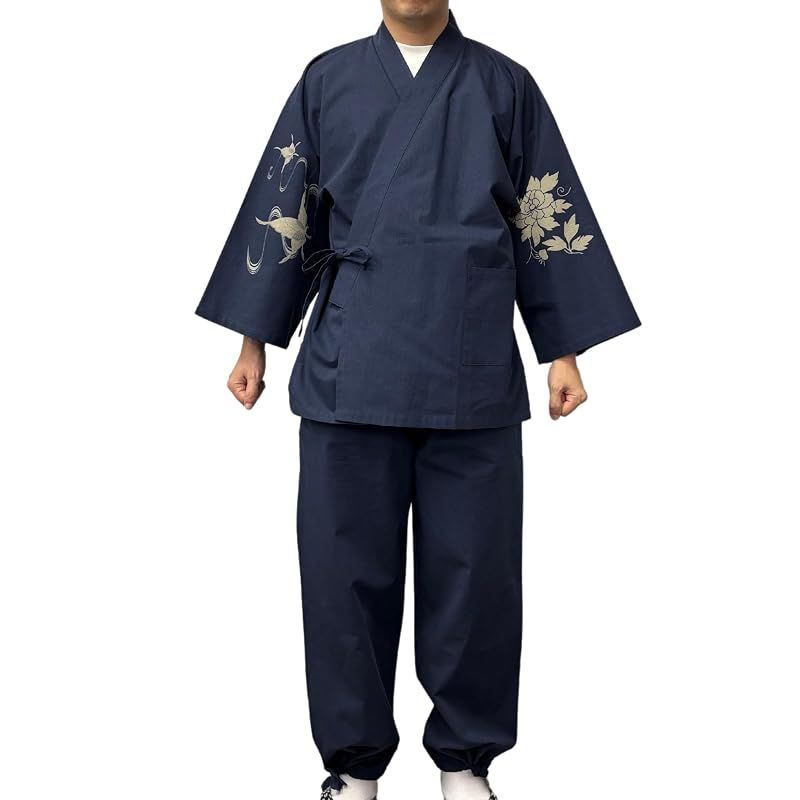 【新品】 [江戸てん] 作務衣 柔らかい平織り 抜染オリジナル柄 両袖に蝶と牡丹 紺 L