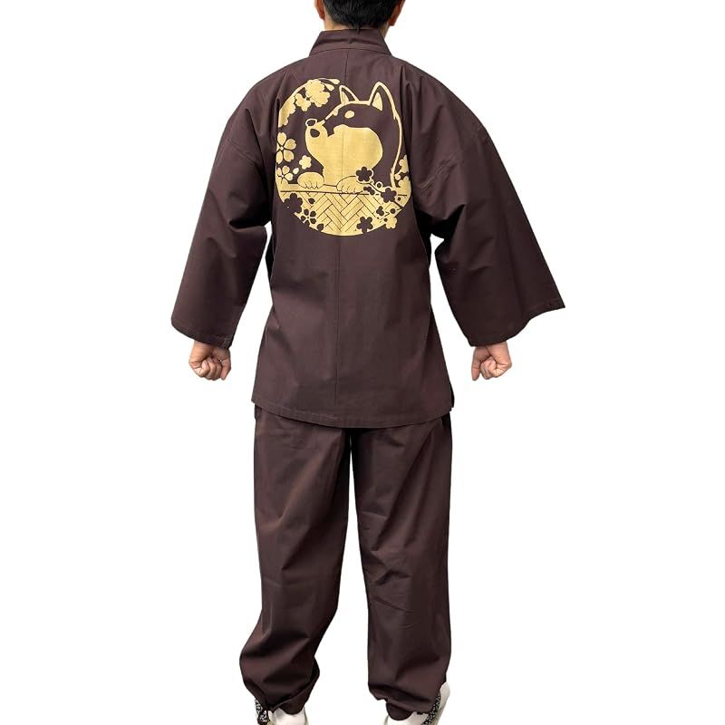 【新品】 [江戸てん] 作務衣 柔らかい平織り 抜染オリジナル柄 柴犬桧垣 茶 LL