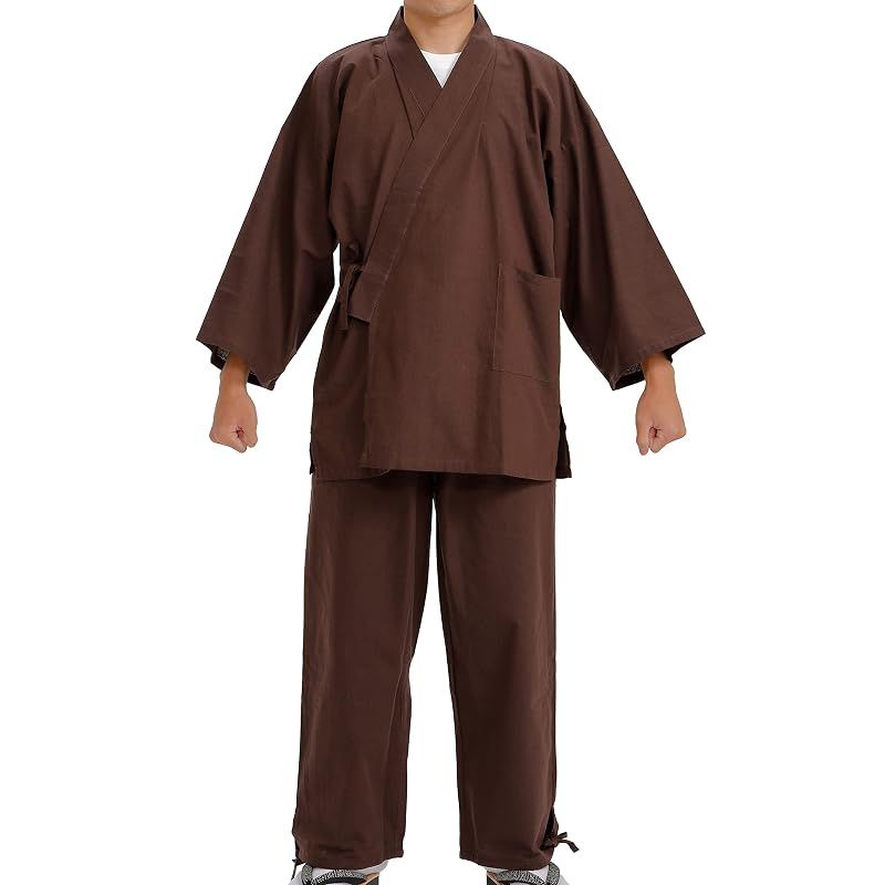 【新品】 [江戸てん] 作務衣 平織りのソフトな綿100％作務衣（さむえ） 茶 M