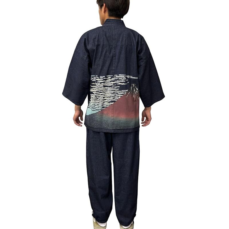 【新品】 [江戸てん] デニム作務衣 さむえ メンズ 北斎 富嶽三十六景 和柄 作務衣 上下セット M?5L 大きいサイズ 綿100％ 通年 赤富士 凱風快晴 紺 M