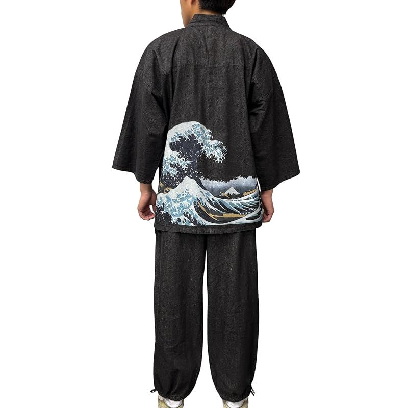 【新品】 [江戸てん] デニム作務衣 さむえ メンズ 北斎 富嶽三十六景 和柄 作務衣 上下セット M?5L 大きいサイズ 綿100％ 通年 腰に波 神奈川沖浪裏 黒 4L