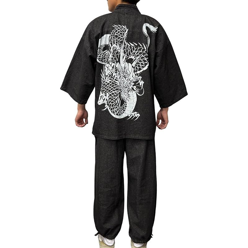 【新品】 [江戸てん] 作務衣 デニム生地 （綿100％） しっかりしているのに柔らかい さむえ 柄入り 通年 メンズ にらみ龍 黒 M