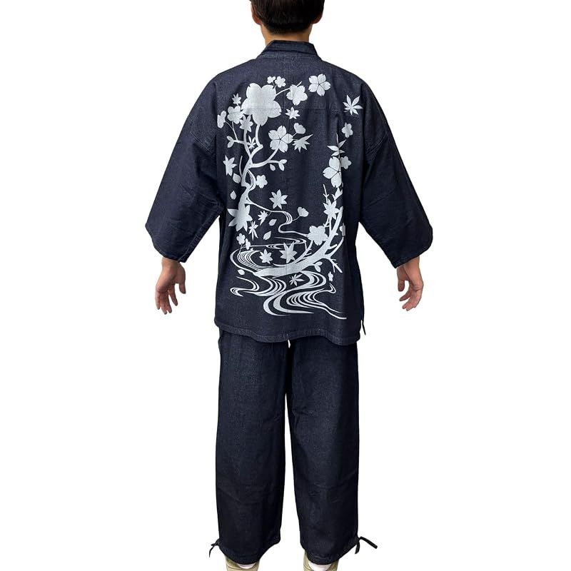 【新品】 [江戸てん] 作務衣 デニム生地 （綿100％） しっかりしているのに柔らかい さむえ 柄入り 通年 メンズ 桜流水 紺 M
