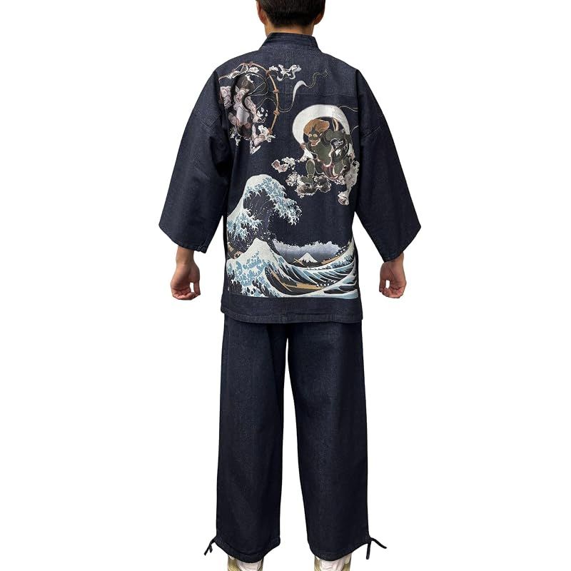 【新品】 [江戸てん] 作務衣 デニム生地 （綿100％） しっかりしているのに柔らかい さむえ 柄入り 通年 メンズ 風神雷神波 紺 L
