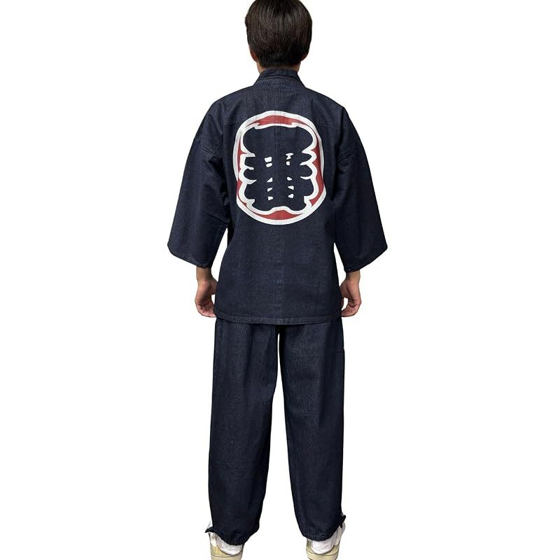 【新品】 [江戸てん]作務衣 デニム生地 （綿100％）しっかりしているのに柔らかい さむえ 柄入り 通年 メンズ 江戸文字1カラー 紺 3L
