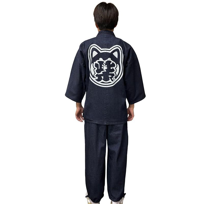 【新品】 [江戸てん]作務衣 デニム生地 （綿100％）しっかりしているのに柔らかい さむえ 柄入り 通年 メンズ 江戸文字柴 紺 4L