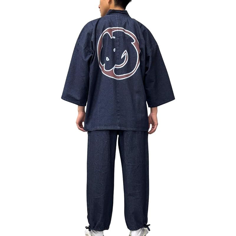 【新品】 [江戸てん] 作務衣 デニム生地 （綿100％） しっかりしているのに柔らかい さむえ 柄入り 通年 メンズ 火消し め カラー 紺 5L