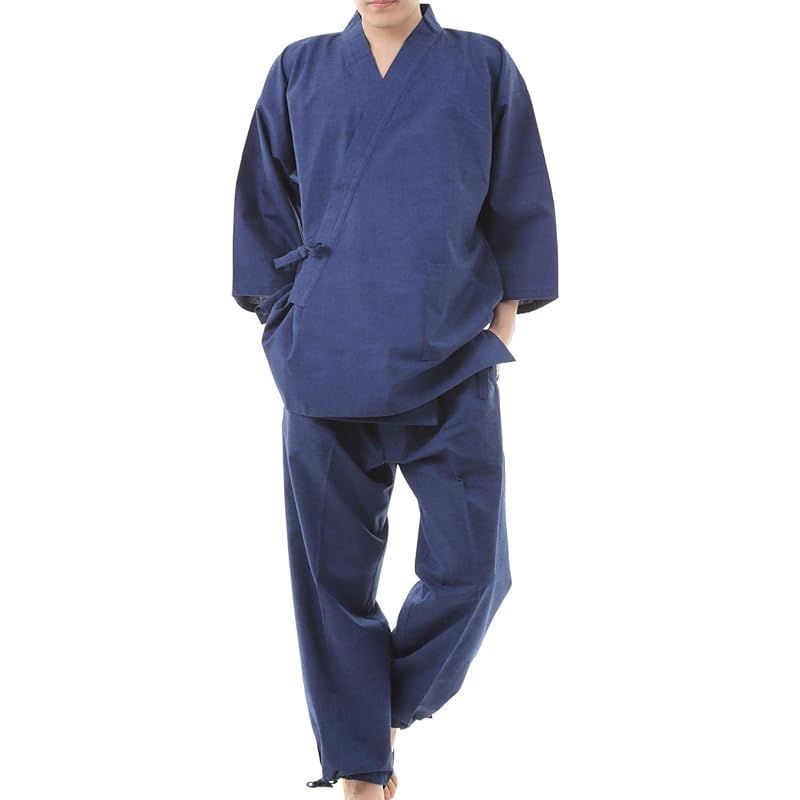 【新品】 [江戸てん] 作務衣 久留米紬織り 日本製 高級 素材からこだわりました つむぎ メンズ 青紺 L