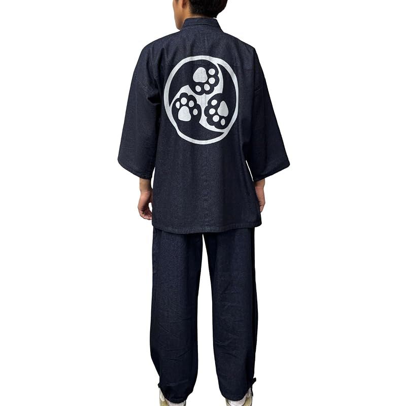 【新品】 [江戸てん] デニム作務衣 上下セット 大きいサイズ M?5L メンズ 捺染プリント 猫の手三つ巴 紺 4L