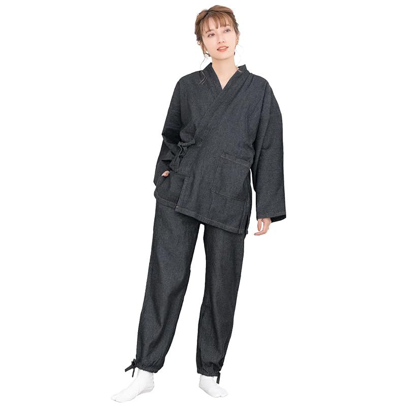 【新品】 [KYOETSU] [キョウエツ] 作務衣 デニム 洗える 無地 綿100% 通年 レディース (M, ブラック)