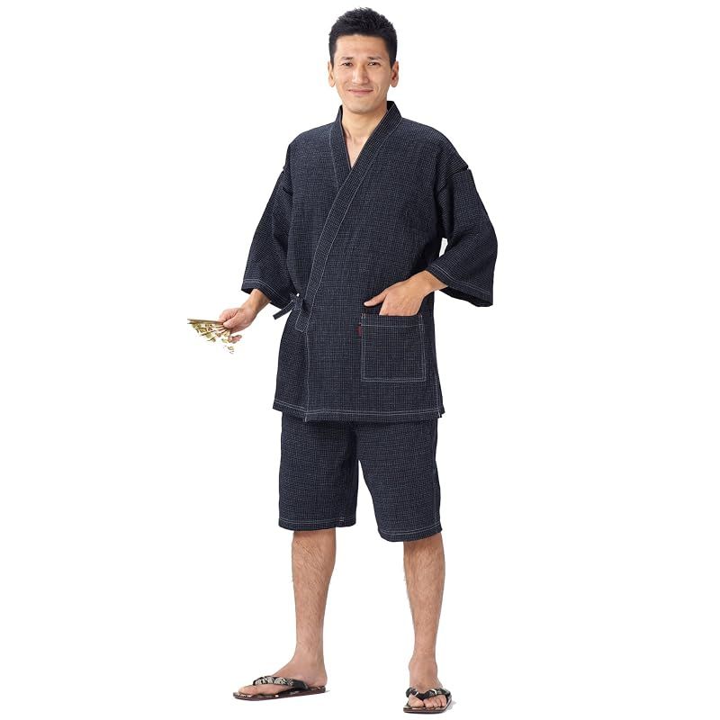 【新品】 綿の郷(ワタノサト) 久留米ちぢみ織文人柄甚平 品質本位 日本製 サイズ S/M/L/LL/3L (3L, navy)