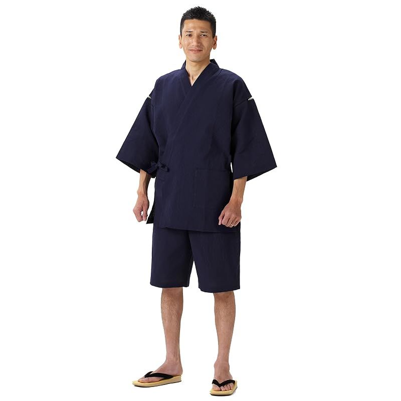 【新品】 綿の郷(ワタノサト) 久留米ちぢみ織甚平 全行程 日本製 サイズ S/M/L/LL/3L 父の日 プレゼント 実用的 ファッション おしゃれ 服 (紺無地, S)