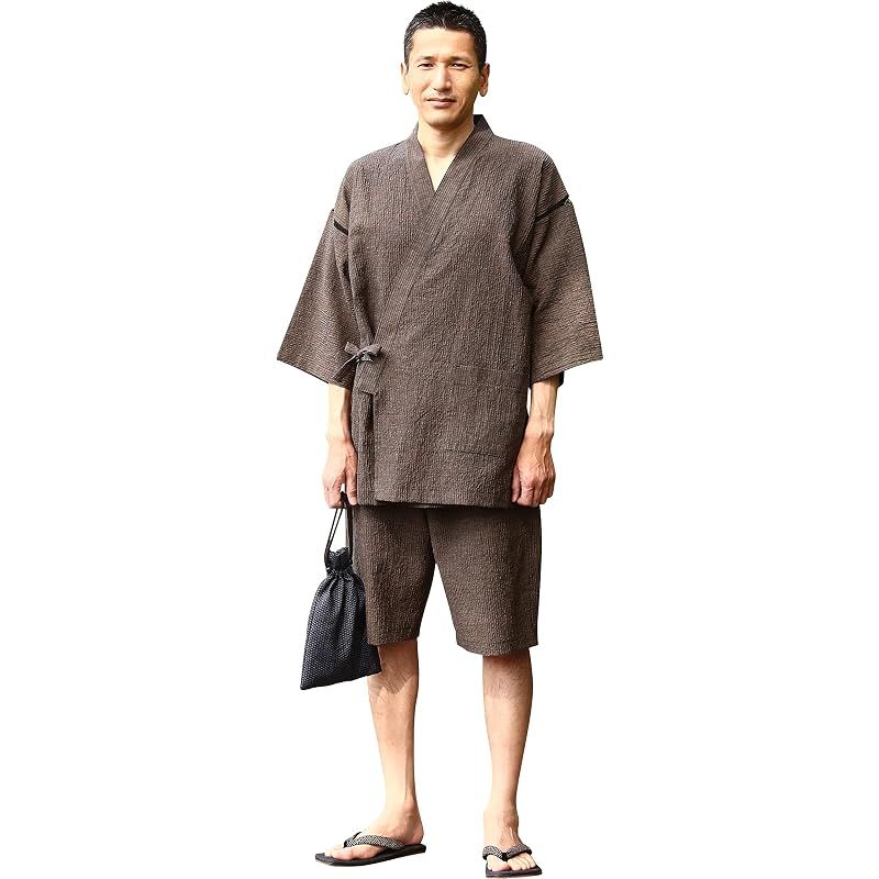 【新品】 綿の郷(ワタノサト) 久留米ちぢみ織甚平 全行程 日本製 サイズ S/M/L/LL/3L 父の日 プレゼント 実用的 ファッション おしゃれ 服 (木枯茶, 3L)