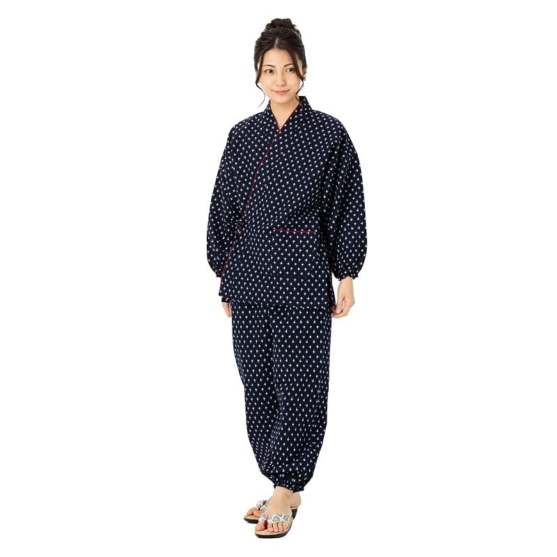 【新品】 綿の郷(ワタノサト) 日本製 作務衣 レディース お洒落 久留米織 女性用 ドビー織 あられ柄 上下セット 5322-2 (L, 十字白)