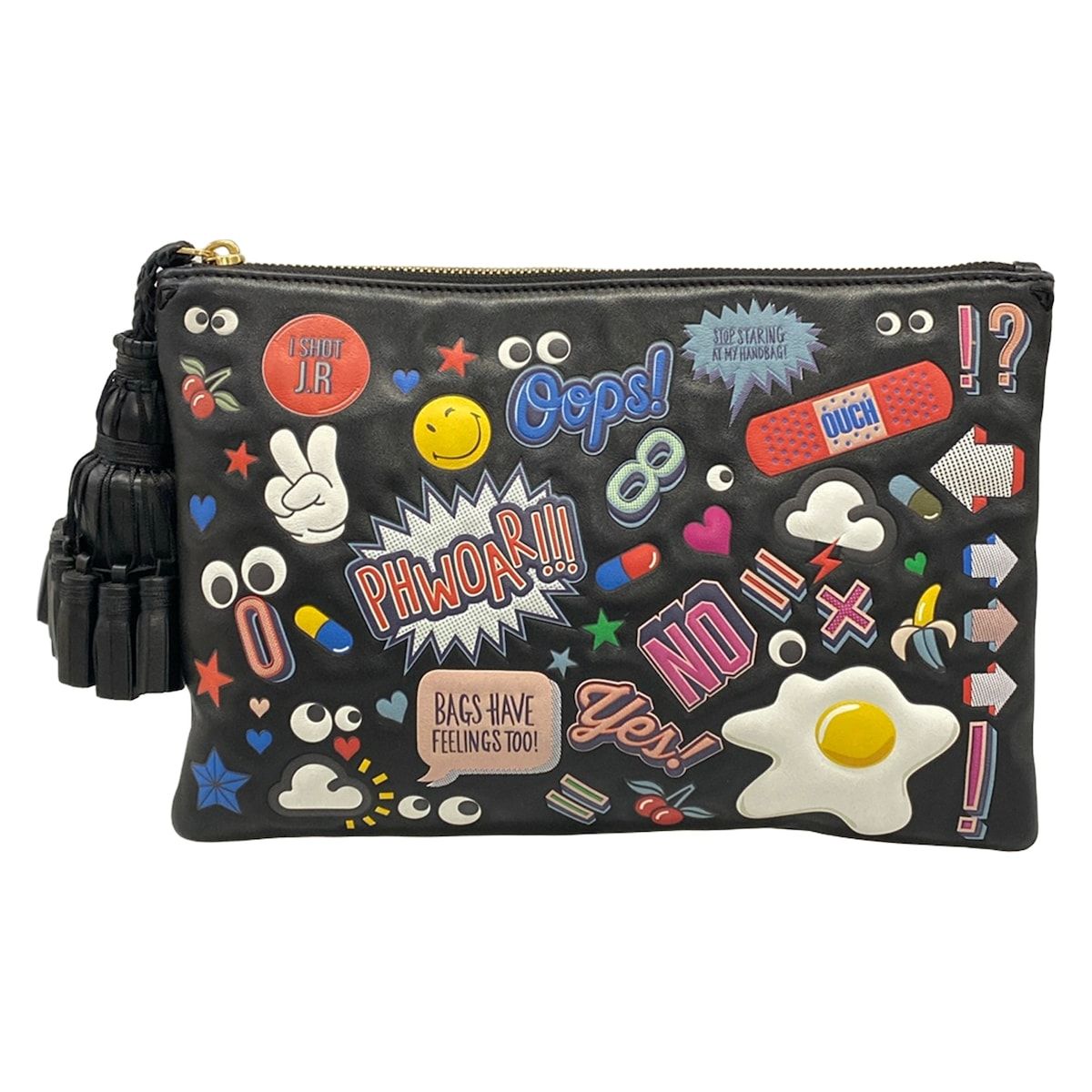 Anya Hindmarch(アニヤハインドマーチ) クラッチバッグ ジョージアナ・オールオーバー・ステッカーズ 黒×白×マルチ タッセル レザー