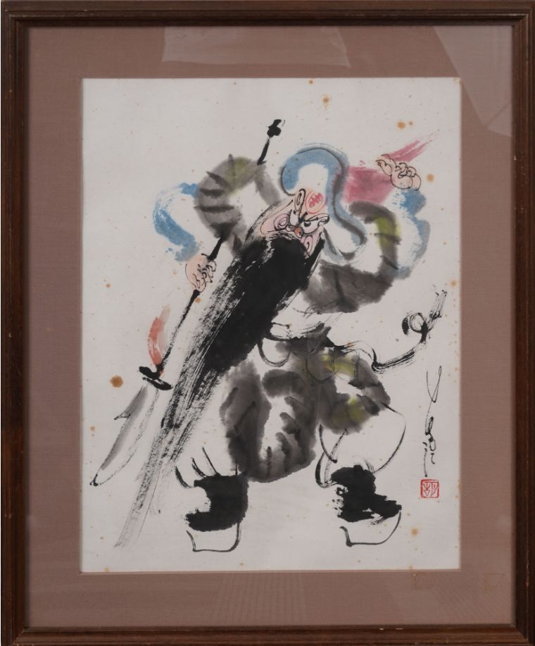 胡連江『人物図』中国絵画 設色紙本 額装 京劇 芝居絵 中国美術 骨董 壁掛け