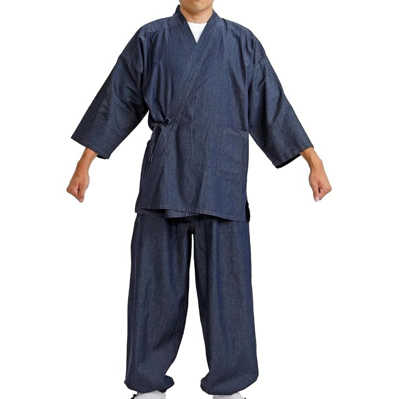 【新品】 [江戸てん] 作務衣 デニム メンズ 4.5オンス薄手デニム生地 （綿100％） 先染生地の柔らかさ さむえ紺 4L