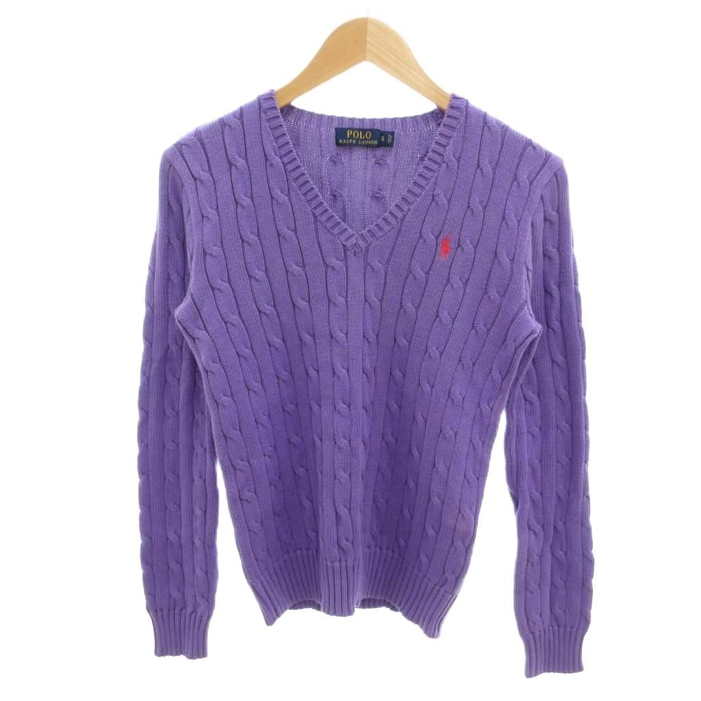 ポロ ラルフローレン POLO RALPH LAUREN ニット セーター S 紫 パープル Vネック ケーブル編み 長袖 ロゴ刺繍 /SJ ■GY50