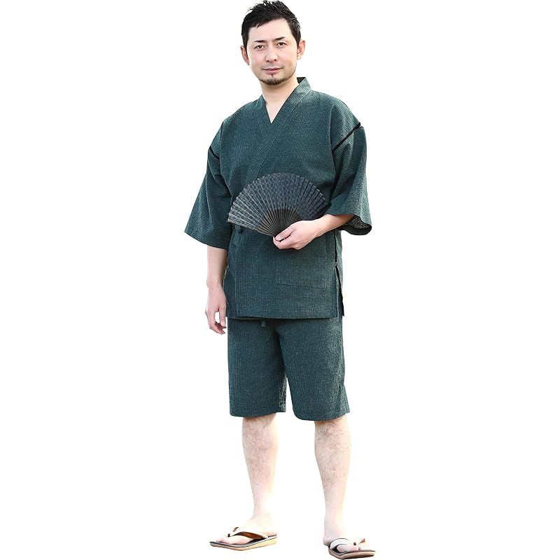 【新品】 綿の郷(ワタノサト) 久留米ちぢみ織甚平 全行程 日本製 サイズ S/M/L/LL/3L 父の日 プレゼント 実用的 ファッション おしゃれ 服 (千歳緑, LL)