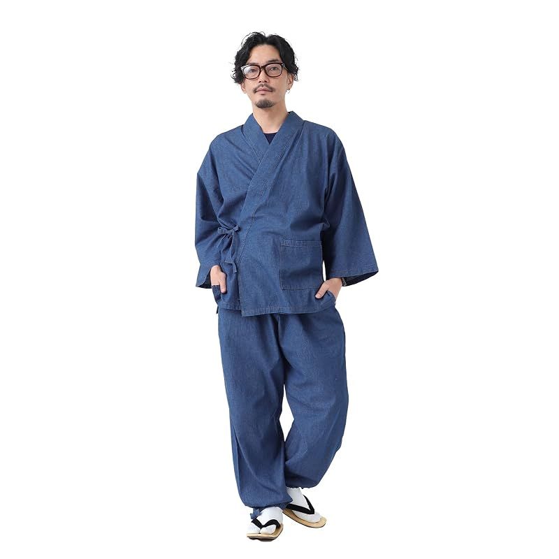 【新品】 [たゆたふ] 作務衣 デニム メンズ 通年 男性 さむえ 通年 オールシーズン 和装 セットアップ 綿 コットン 和服 和装 作業着 部屋着 ルームウェア 柔らか 普段着 カジュアル ギフト プレゼント LL ブルー