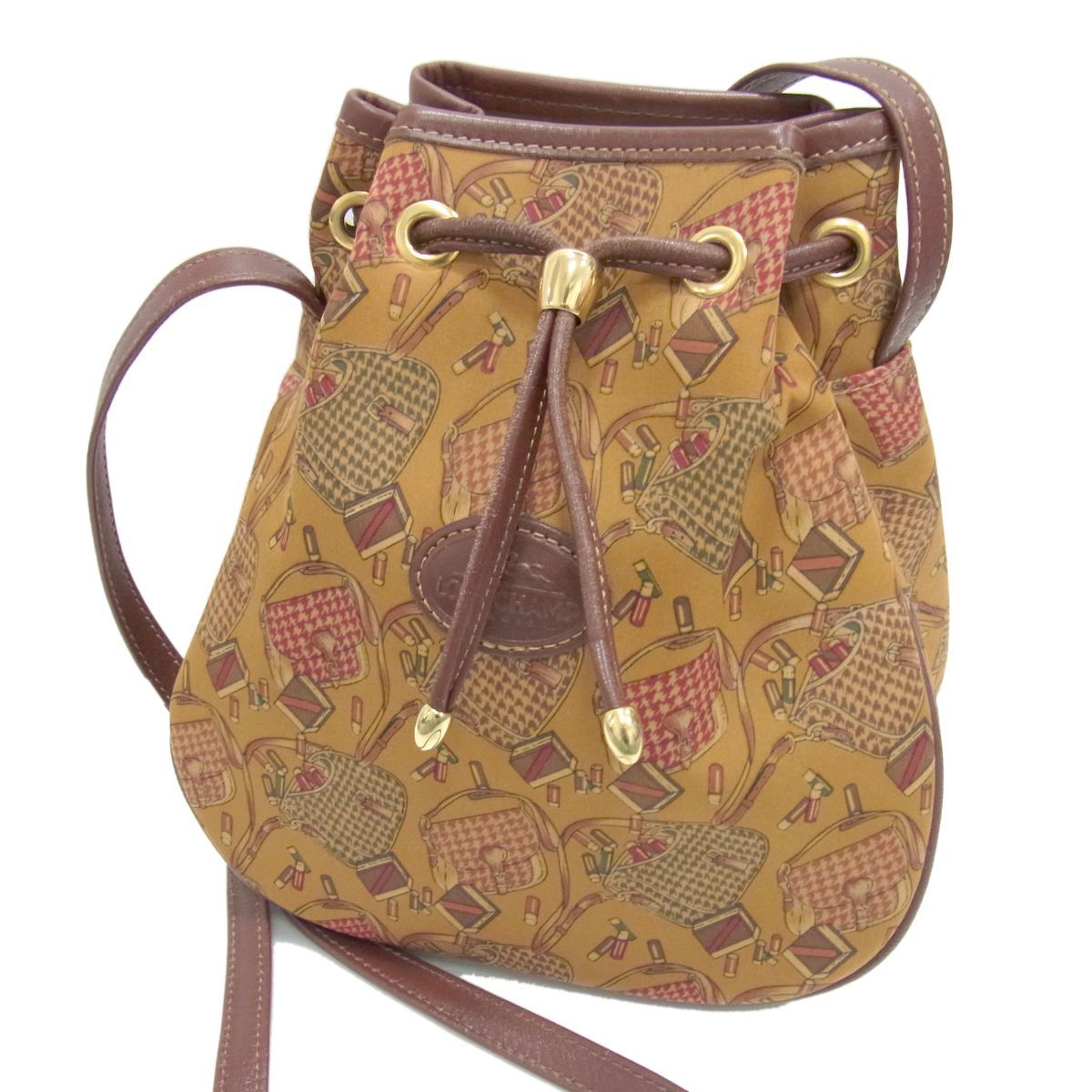 希少☆LONGCHAMP ロンシャン 巾着 ショルダーバッグ 総柄 ヴィンテージ バッグモチーフ フランス製 レトロ