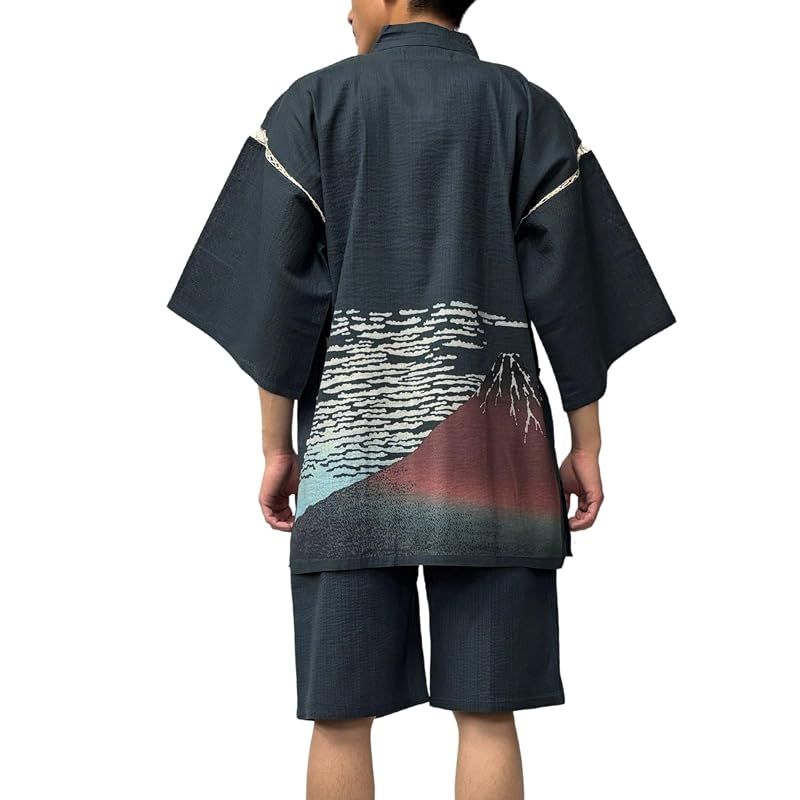 【新品】 [江戸てん] 甚平 メンズ 浮世絵柄プリント 名画モチーフ 綿100％ しじら織り 涼しい 和柄 上下セット【浮世彩画】 赤富士（凱風快晴デザイン）・腰 紺 L