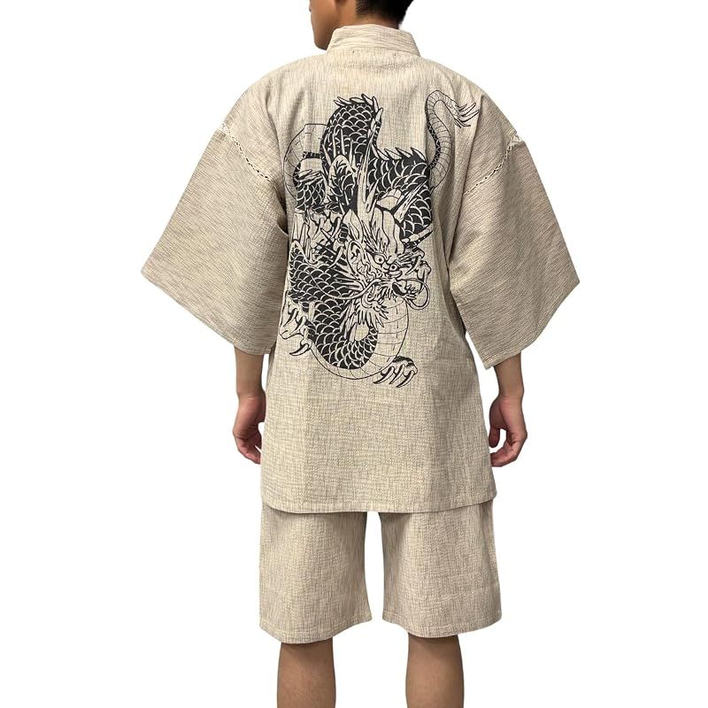 【新品】 [江戸てん] 甚平 しじら織り 夏用 メンズ 綿100％ 和柄 龍 【江戸創龍シリーズ】 大判捺染プリント 涼感 上下セット メンズ にらみ龍 ベージュ 3L