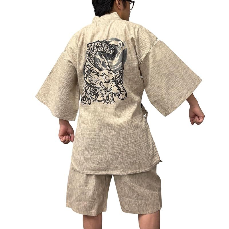 【新品】 [江戸てん] 甚平 しじら織り 夏用 メンズ 綿100％ 和柄 龍 【江戸創龍シリーズ】 大判捺染プリント 涼感 上下セット メンズ 雷龍 ベージュ M