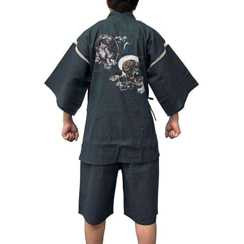 【新品】 [江戸てん] 甚平 メンズ しじら織り 綿100％ 勇神図モチーフ 【乾坤威神図】 涼しい 夏 捺染プリントオリジナル柄 メンズ 風神雷神カラー 紺 5L