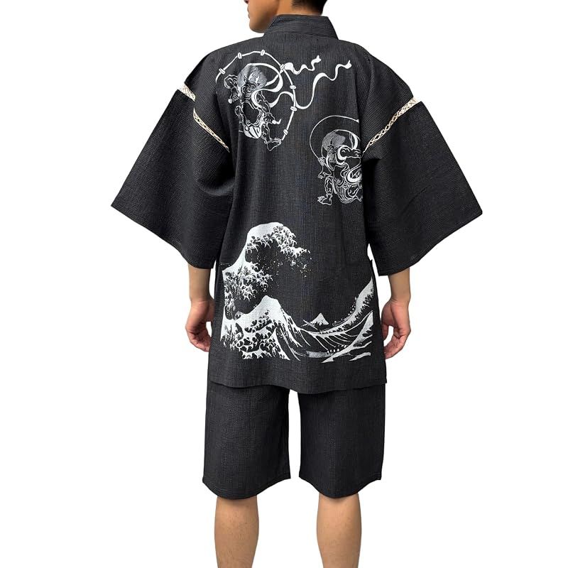 【新品】 [江戸てん] 甚平 メンズ しじら織り 綿100％ 勇神図モチーフ 【乾坤威神図】 涼しい 夏 捺染プリントオリジナル柄 メンズ 風神雷神波 白一色 グレー 3L 8,830円
