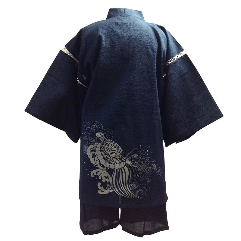 【新品】 [江戸てん] 甚平 しじら織り 涼しい 夏 綿100％ 抜染オリジナル柄 和柄 波亀 紺 M