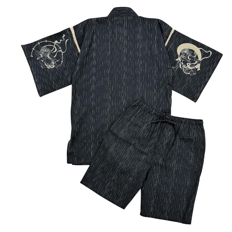 【新品】 [江戸てん] 甚平 しじら織り 涼しい 夏 綿100％ 抜染オリジナル柄 和柄 袖に風神雷神 黒 M