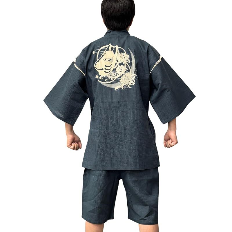 【新品】 [江戸てん] 甚平 しじら織り 涼しい 夏 綿100％ 抜染オリジナル柄 和柄 狐面と彼岸花 紺 M