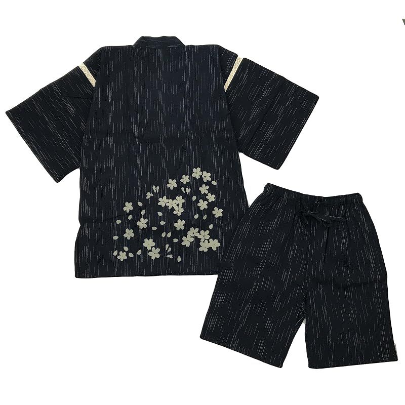 【新品】 [江戸てん] 甚平 しじら織り 涼しい 夏 綿100％ 抜染オリジナル柄 和柄 桜 黒 L
